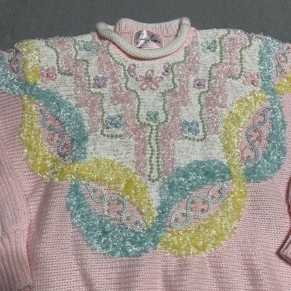 Vintage Jaclyn Smith Sweater Womens‎ Small Pink Beaded Floral Knit Grandmacore - Picture 2 of 7